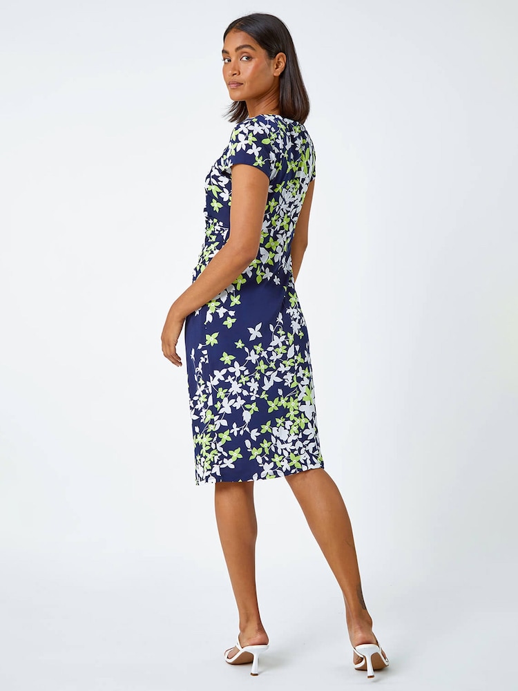 Roman Blue Floral Print Shift Stretch Dress - Image 2 of 5