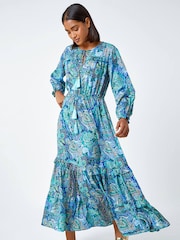 Roman Blue Paisley Print Tassel Frill Hem Maxi Dress - Image 1 of 5
