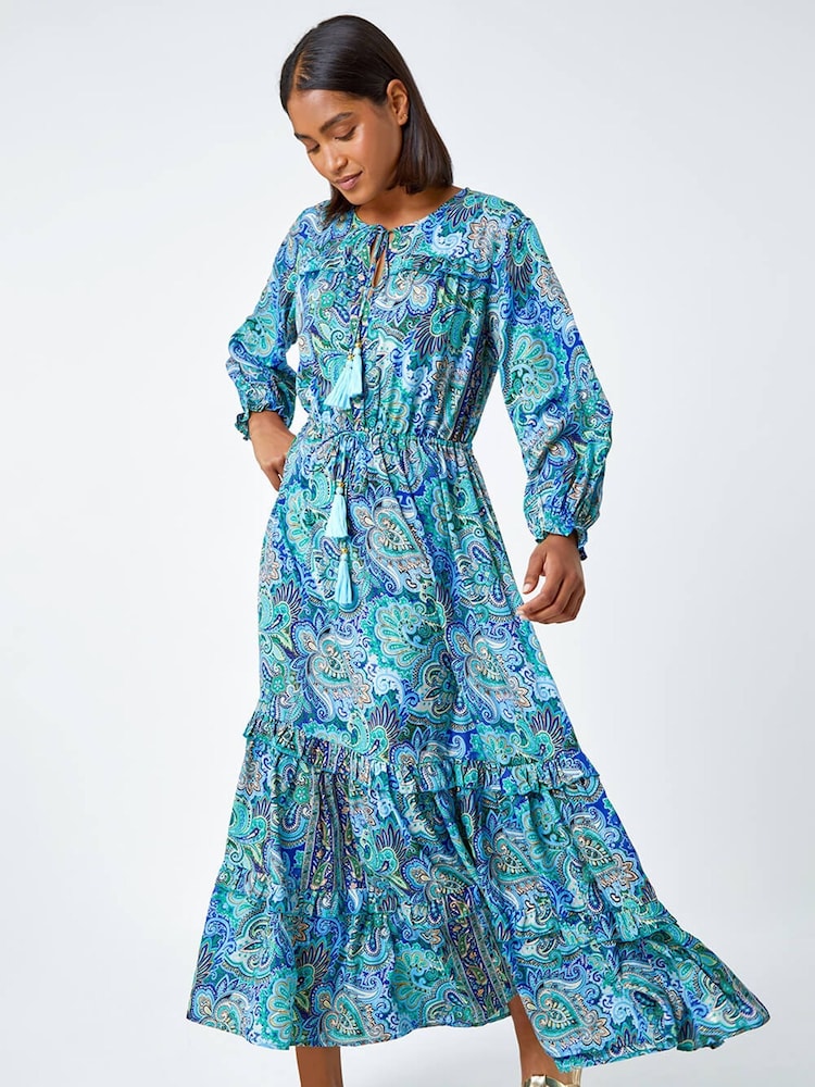 Roman Blue Paisley Print Tassel Frill Hem Maxi Dress - Image 1 of 5