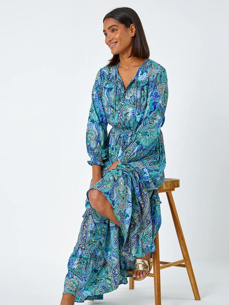 Roman Blue Paisley Print Tassel Frill Hem Maxi Dress - Image 2 of 5