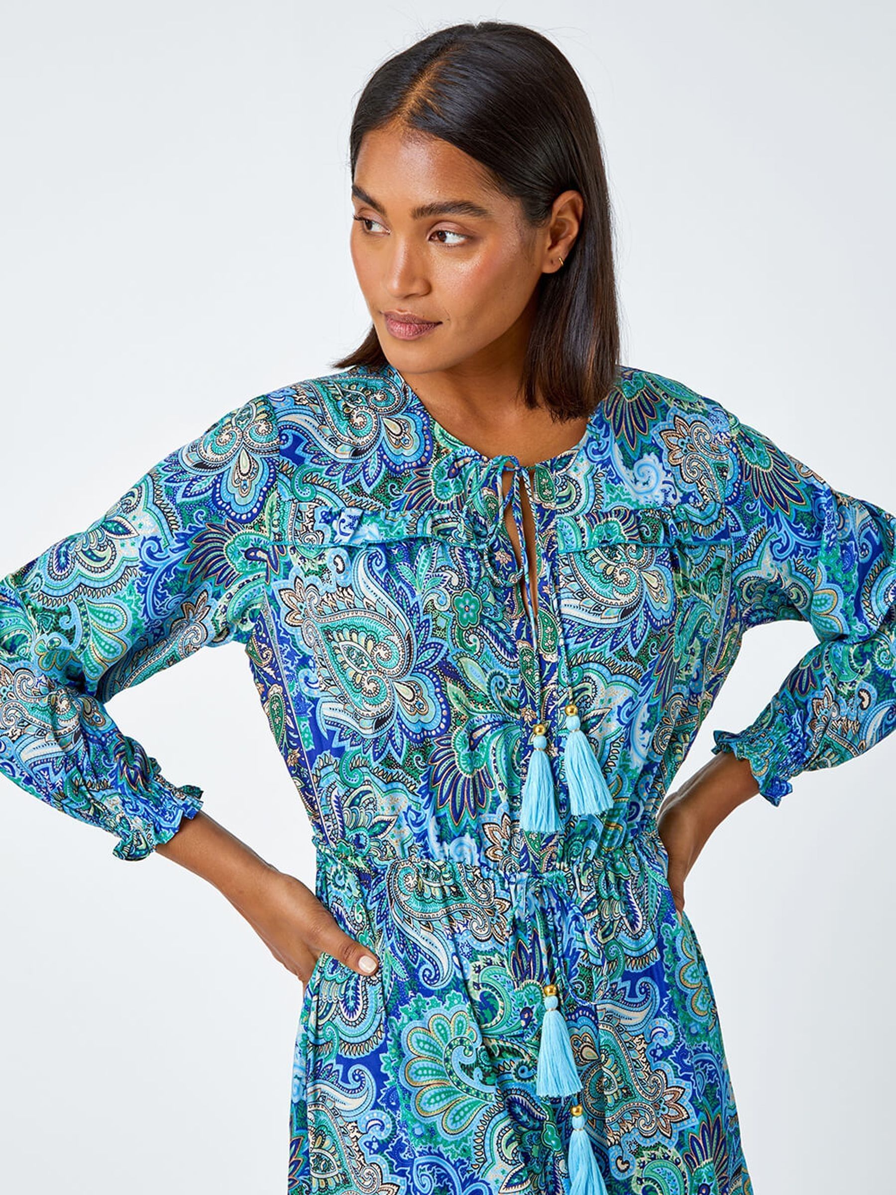 Buy Roman Blue Paisley Print Tassel Frill Hem Maxi Dress from the