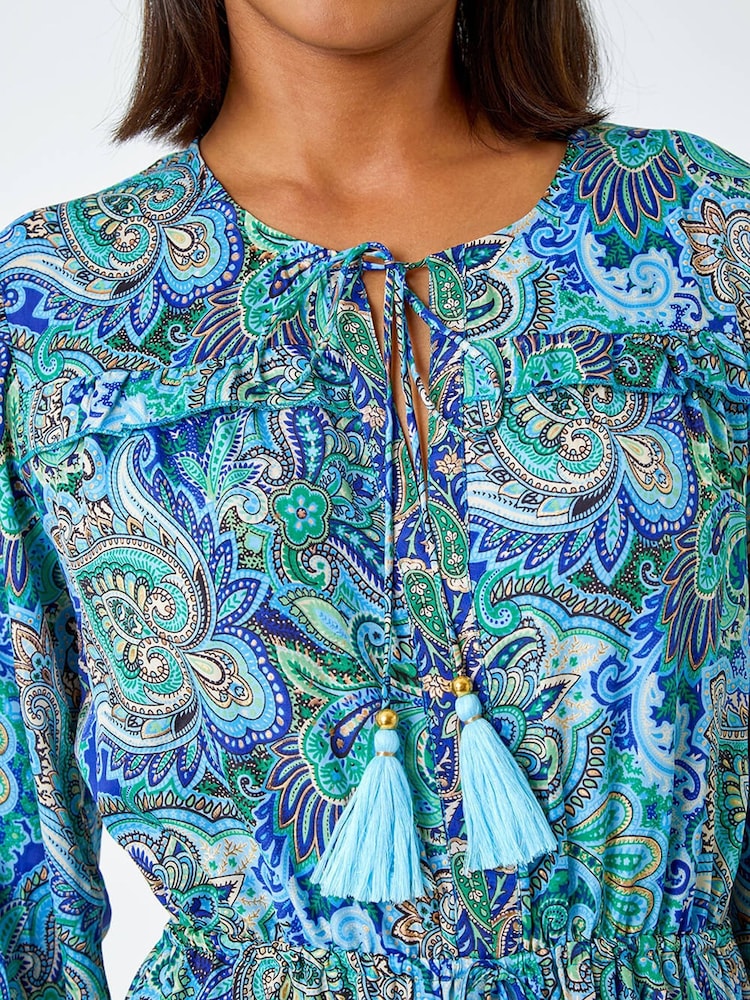 Roman Blue Paisley Print Tassel Frill Hem Maxi Dress - Image 5 of 5