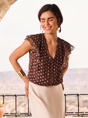 Love & Roses, Metallic-Bluse mit Rüschen, V-Ausschnitt und Bindeband hinten - Bild 3 von 4