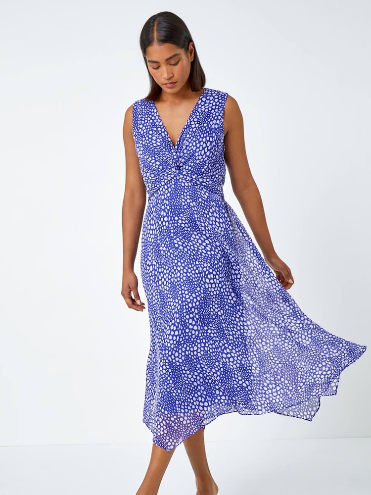 Roman Blue Sleeveless Abstract Knot Front Midi Dress - Image 1 of 5 Roman Blue Sleeveless Abstract Knot Front Midi Dress - Image 1 of 5