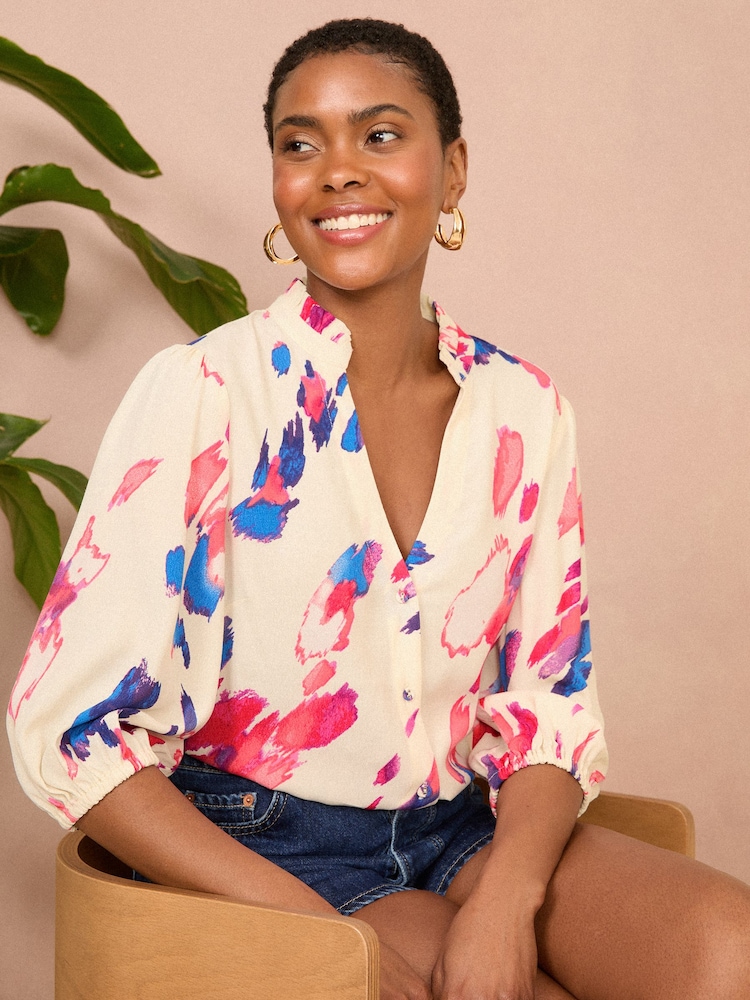 Love & Roses White Petite Ruffle V Neck 3/4 Sleeve Button Through Blouse - Image 1 of 4