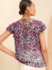Love & Roses Pink Animal Metallic Ruffle V Neck Tie Back Blouse - Image 3 of 4
