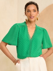 Love & Roses Green Dobby Flutter Sleeve Blouse - Image 1 of 4