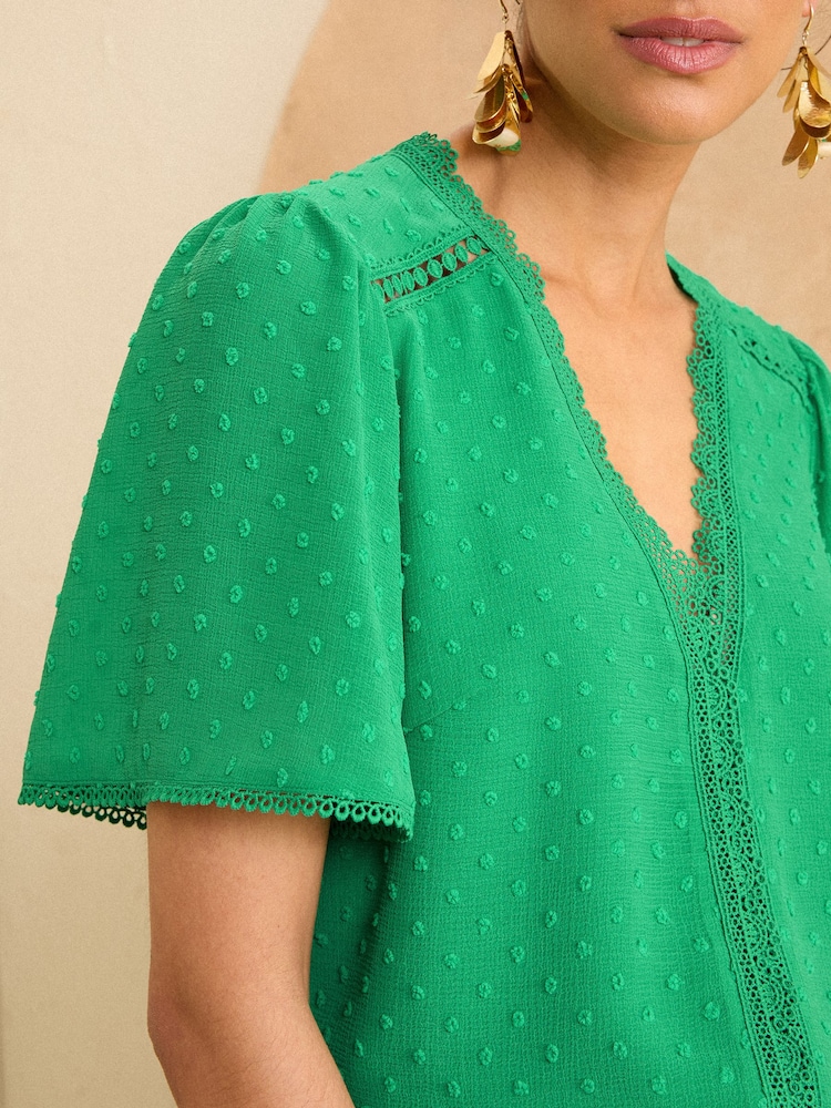 Love & Roses Green Dobby Flutter Sleeve Blouse - Image 2 of 4