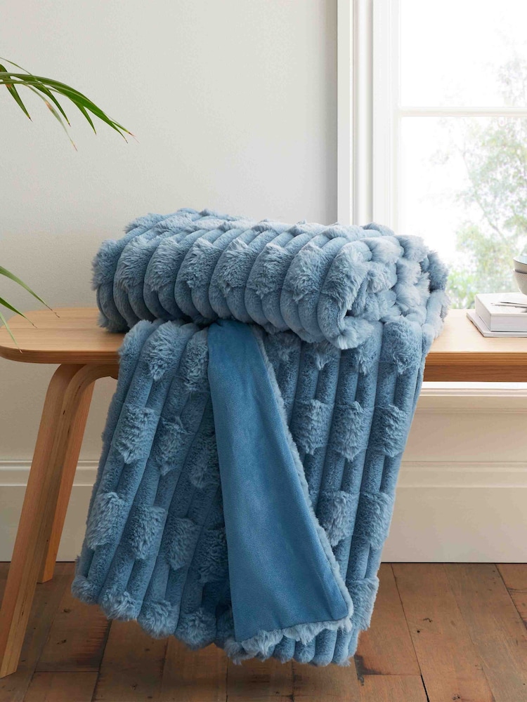 Blue Soft and Cosy Carved Faux Fur Throw - Image 1 of 4 Blue Soft and Cosy Carved Faux Fur Throw - Image 1 of 4
