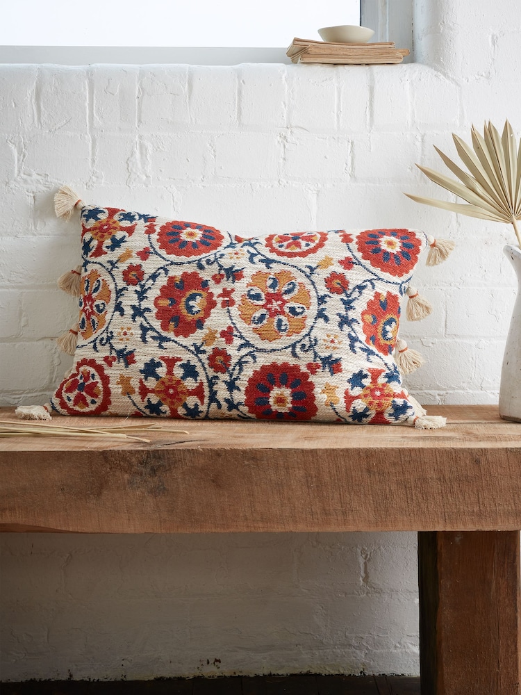 Pineapple Elephant Red/Natural Yasmine Tassel 100% Cotton Cushion - Image 1 of 5