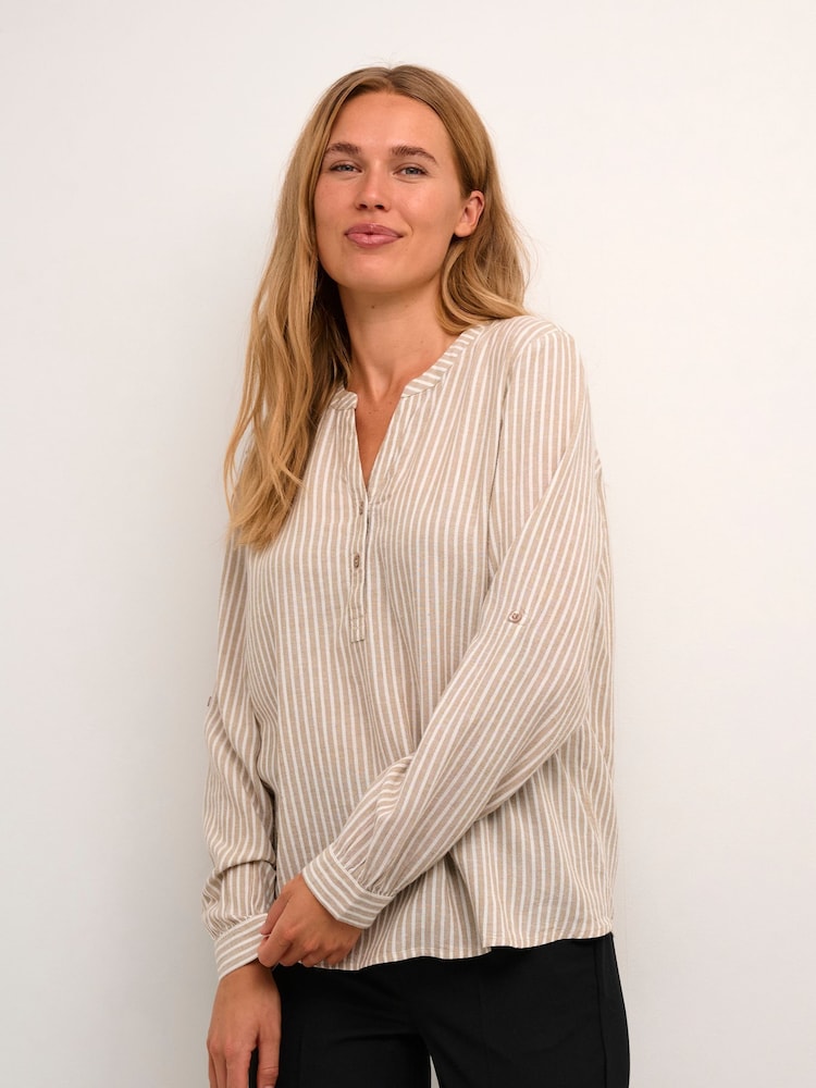Kaffe Yellow Milia Long Sleeve Notch Neck Blouse With Linen - Image 1 of 4 Kaffe Yellow Milia Long Sleeve Notch Neck Blouse With Linen - Image 1 of 4