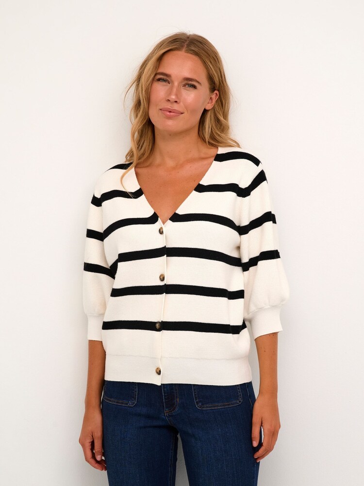 Kaffe Mehra Striped 3/4 Sleeve White Cardigan - Image 1 of 3