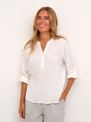 Kaffe Milia White Long Sleeve Notch Neck Blouse With Linen - Image 1 of 7
