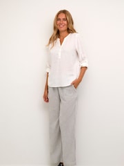 Kaffe Milia White Long Sleeve Notch Neck Blouse With Linen - Image 3 of 7