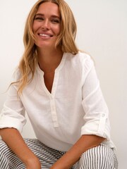 Kaffe Milia White Long Sleeve Notch Neck Blouse With Linen - Image 5 of 7