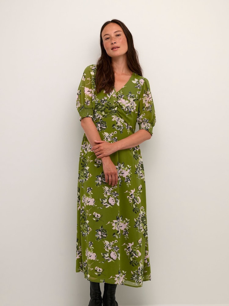 Kaffe Green Vita V-Neck Half Sleeve Maxi Dress - Image 1 of 4
