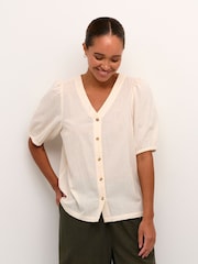 Kaffe Vigga V-Neck Half Sleeve Cotton/Linen Mix White Shirt - Image 1 of 6