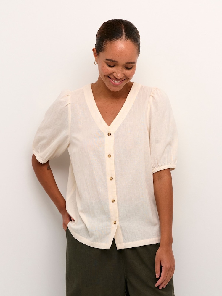 Kaffe Vigga V-Neck Half Sleeve Cotton/Linen Mix White Shirt - Image 1 of 6