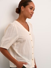 Kaffe Vigga V-Neck Half Sleeve Cotton/Linen Mix White Shirt - Image 4 of 6
