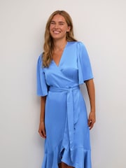 Kaffe Blue Lotte Knee Length Satin Wrap Dress - Image 1 of 5