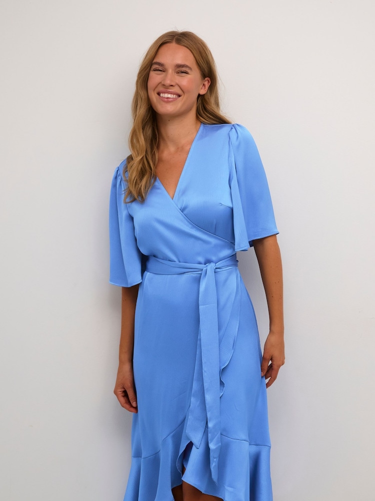 Kaffe Blue Lotte Knee Length Satin Wrap Dress - Image 1 of 5