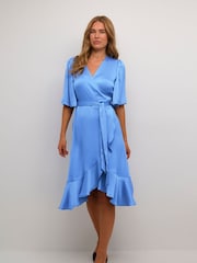 Kaffe Blue Lotte Knee Length Satin Wrap Dress - Image 2 of 5