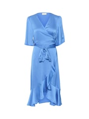 Kaffe Blue Lotte Knee Length Satin Wrap Dress - Image 4 of 5