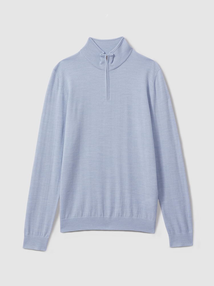 Zartes Blau meliert - Reiss Blackhall Pullover aus Merinowolle mit Trichterhals und halbem Reißverschluss - Bild 2 von 4