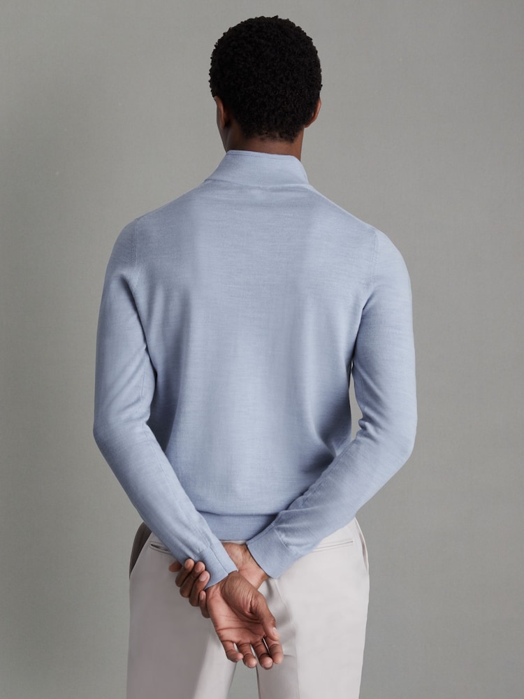 Reiss Soft Blue Melange Blackhall Merino Wool Half-Zip Funnel Neck Jumper - Image 2 of 4