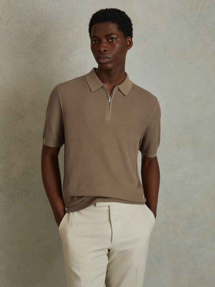 Reiss Camel Ivor Textured Half-Zip Polo Shirt - Image 1 of 6 Reiss Camel Ivor Textured Half-Zip Polo Shirt - Image 1 of 6