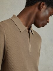 Reiss Camel Ivor Textured Half-Zip Polo Shirt - Image 3 of 6