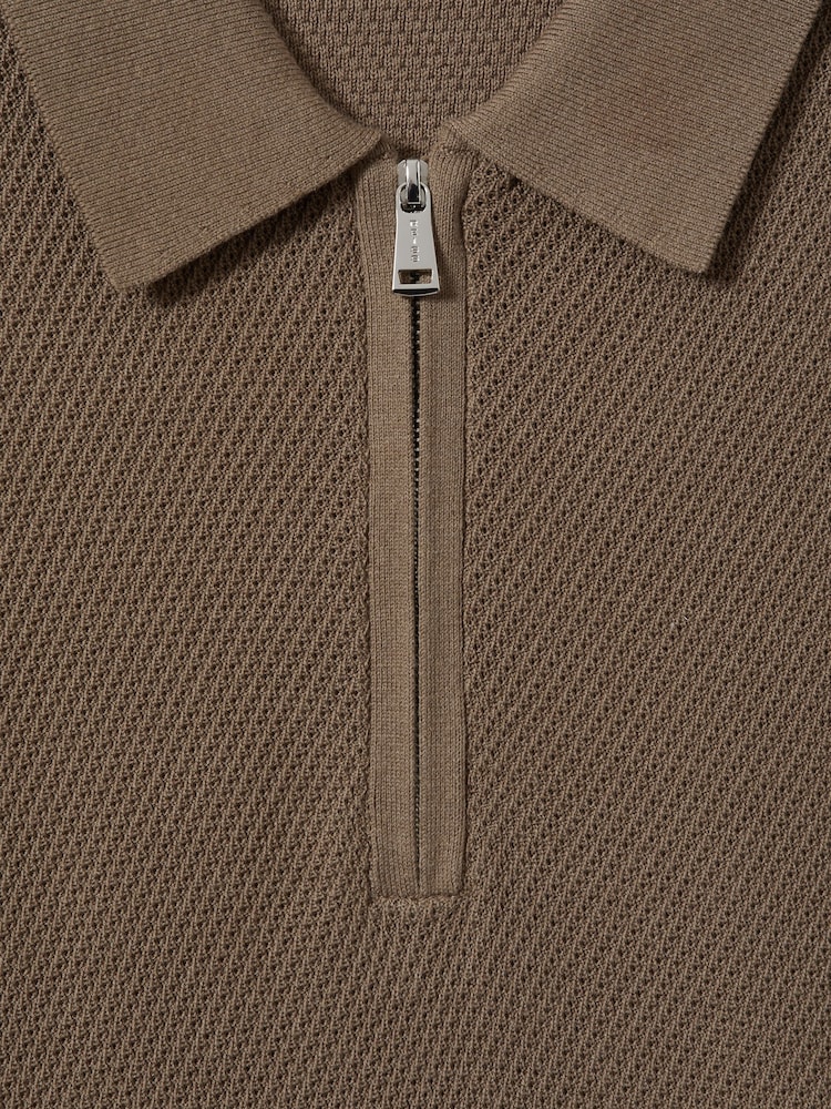 Reiss Camel Ivor Textured Half-Zip Polo Shirt - Image 6 of 6