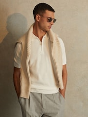 Reiss White Ivor Textured Half-Zip Polo Shirt - Image 1 of 5