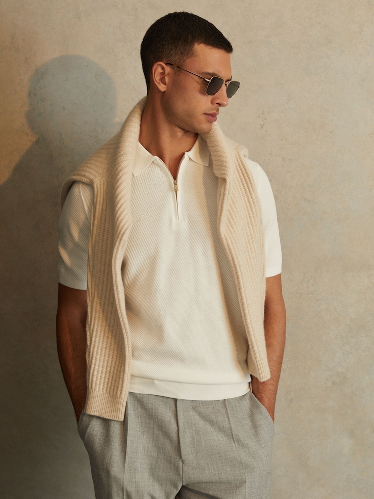 Reiss White Ivor Textured Half-Zip Polo Shirt - Image 1 of 5