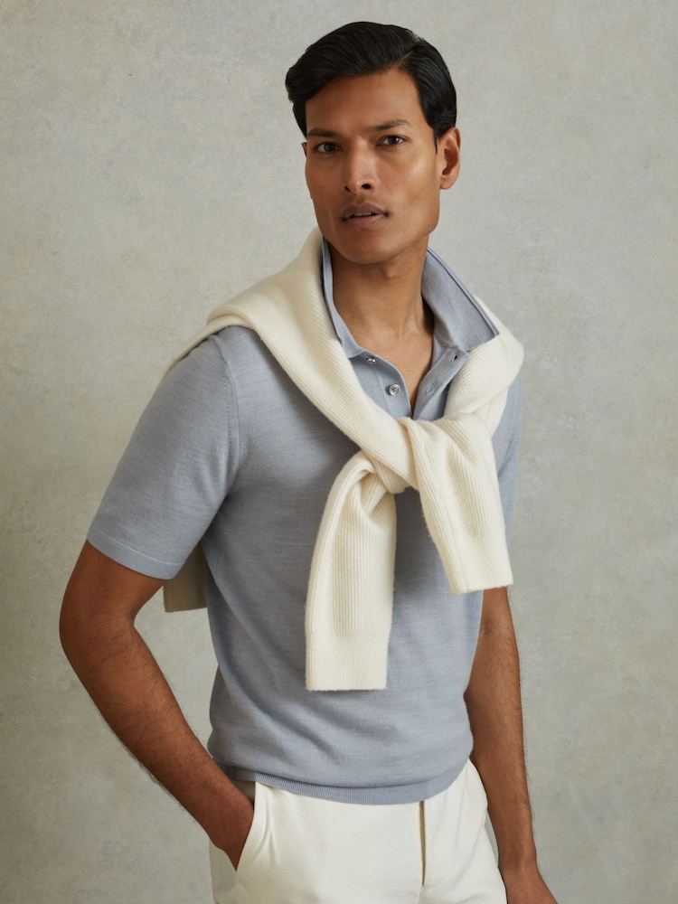 Reiss Soft Blue Melange Manor Merino Wool Polo Shirt - Image 1 of 5