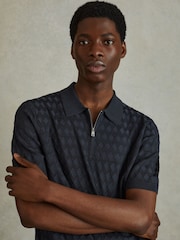 Reiss Navy Rizzo Half Zip Knitted Polo Shirt - Image 1 of 6