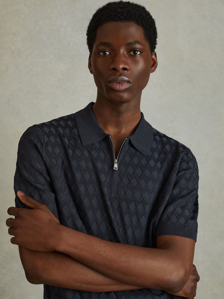 Reiss Navy Rizzo Half Zip Knitted Polo Shirt - Image 1 of 6