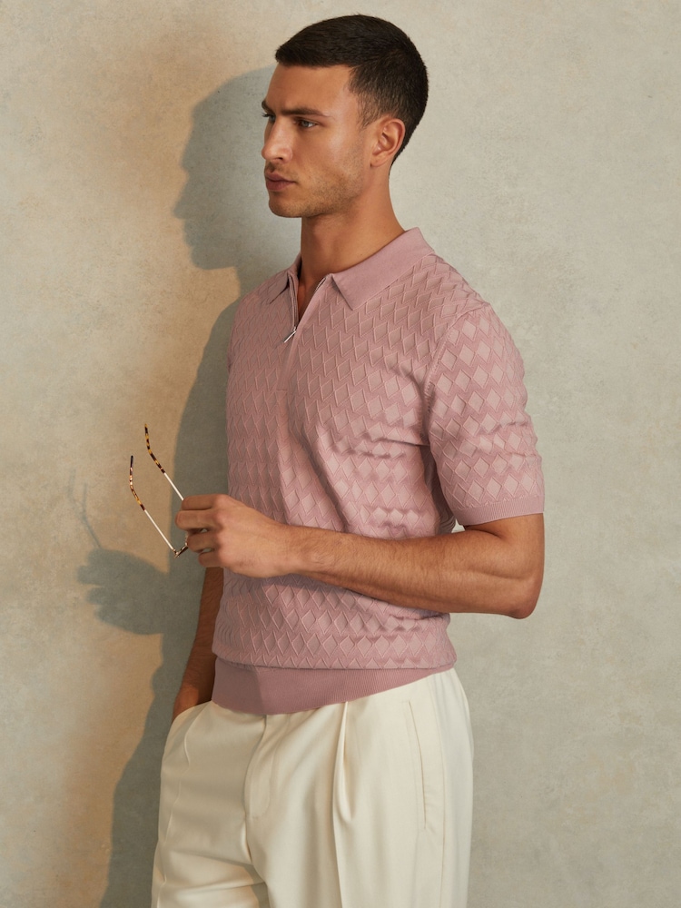 Reiss Soft Pink Rizzo Half-Zip Knitted Polo Shirt - Image 1 of 5