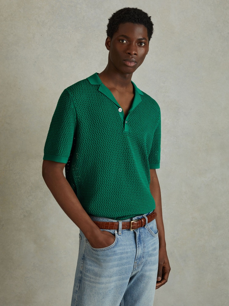 Reiss Bright Green Fargo Knitted Cuban Collar Polo Shirt - Image 1 of 5