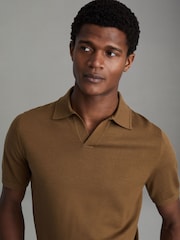 Reiss Tobacco Brown Duchie Merino Wool Open Collar Polo Shirt - Image 1 of 6
