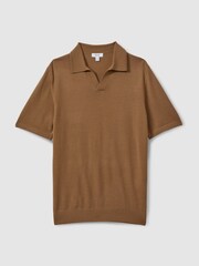 Reiss Tobacco Brown Duchie Merino Wool Open Collar Polo Shirt - Image 2 of 6