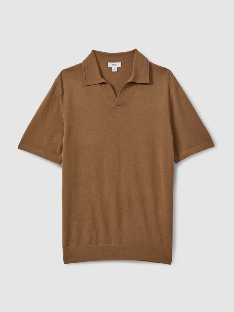Reiss Tobacco Brown Duchie Merino Wool Open Collar Polo Shirt - Image 2 of 6