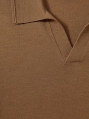 Reiss Tobacco Brown Duchie Merino Wool Open Collar Polo Shirt - Image 6 of 6