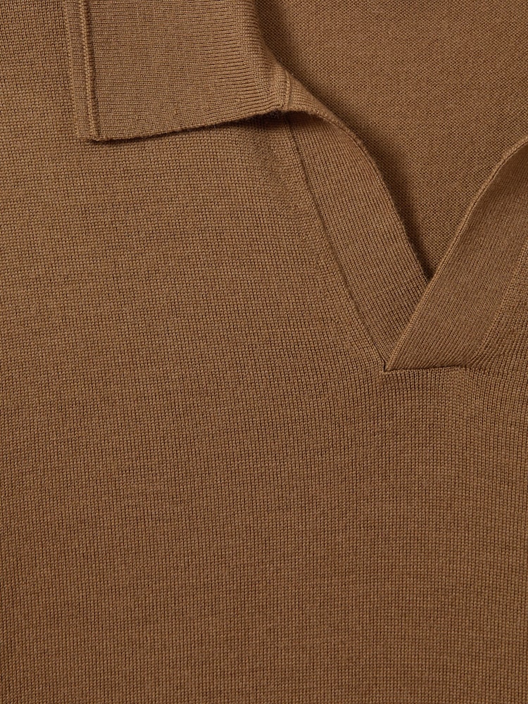 Reiss Tobacco Brown Duchie Merino Wool Open Collar Polo Shirt - Image 6 of 6