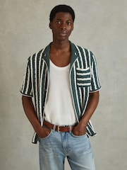 Reiss Green/White Spritz Oversized Crochet Striped Cuban Collar Shirt - Image 1 of 5