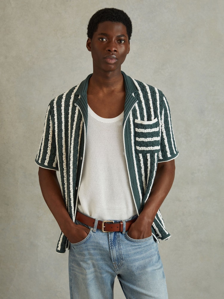 Reiss Green/White Spritz Oversized Crochet Striped Cuban Collar Shirt - Image 1 of 5