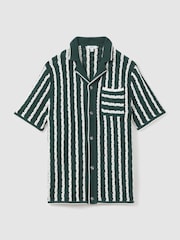 Reiss Green/White Spritz Oversized Crochet Striped Cuban Collar Shirt - Image 2 of 5