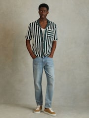 Reiss Green/White Spritz Oversized Crochet Striped Cuban Collar Shirt - Image 3 of 5