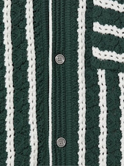 Reiss Green/White Spritz Oversized Crochet Striped Cuban Collar Shirt - Image 5 of 5