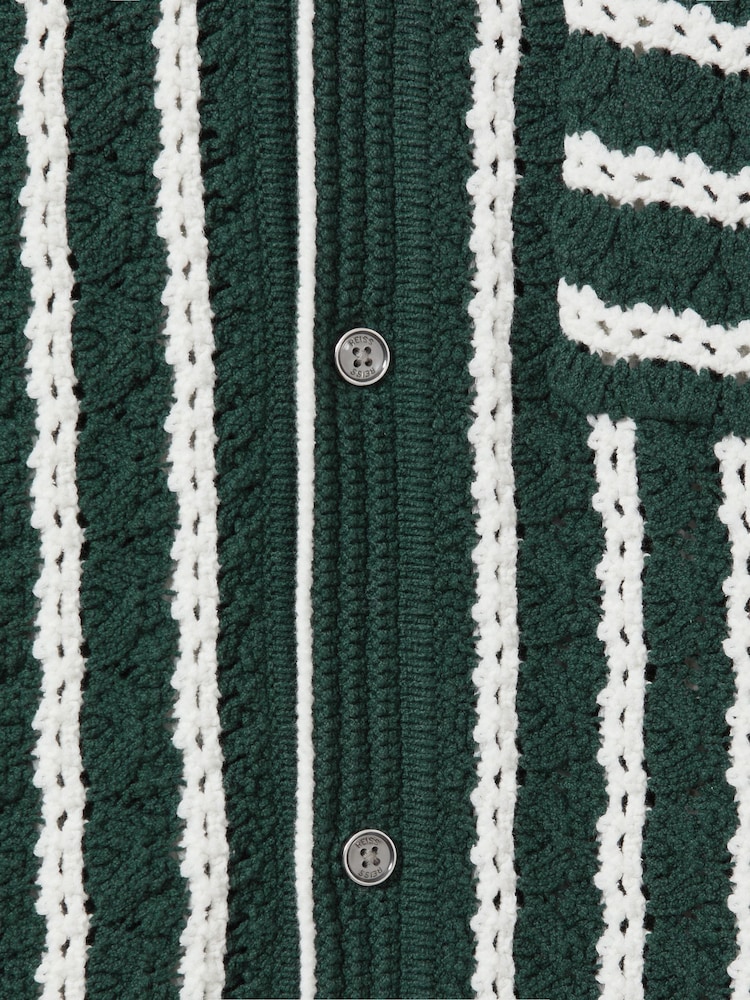 Reiss Green/White Spritz Oversized Crochet Striped Cuban Collar Shirt - Image 5 of 5